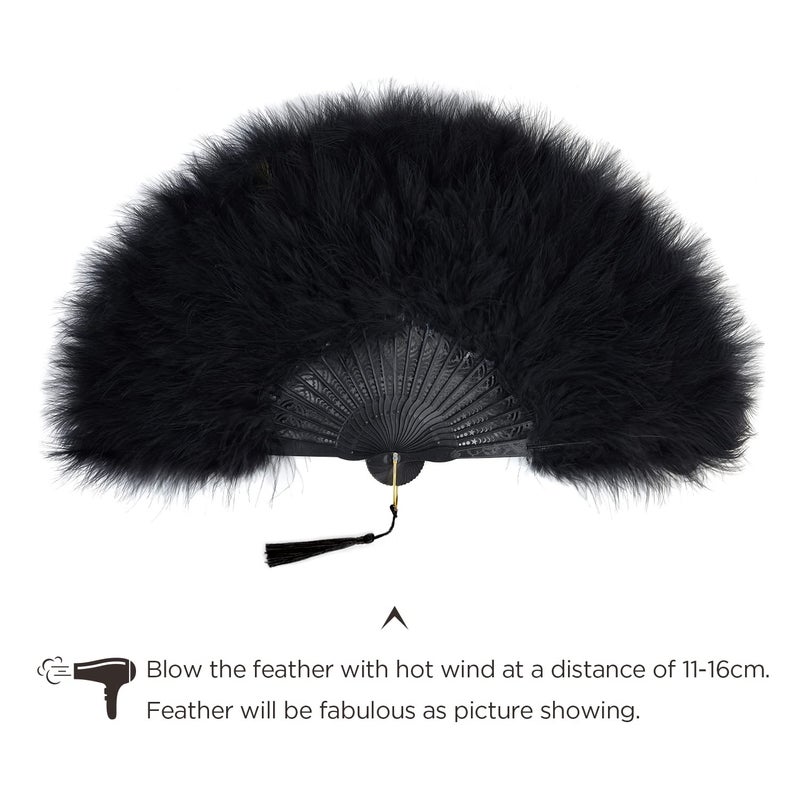 BABEYOND Marabou Feather Fan 20s Vintage Folding Fan Flapper Hand Fan for Costume Dancing Show Tea Party Wedding Decoration (Black-Black Rib) - Image 5